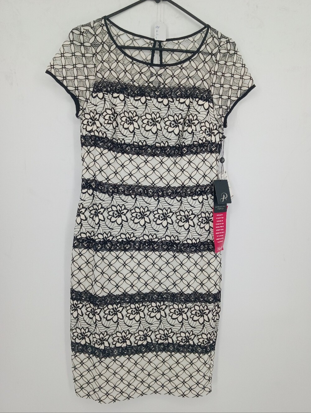 Adrianna Papell Black and Cream Lace-Overlay Midi Sheath Dress